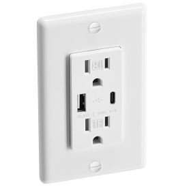 USB Wall Outlet, 24 W 15A Tamper Resistant Electrical Outlet with 1 Type C & 1 Type A Ports, 2 Three-prong AC Outlets, Screwless Wall Plate Inclu