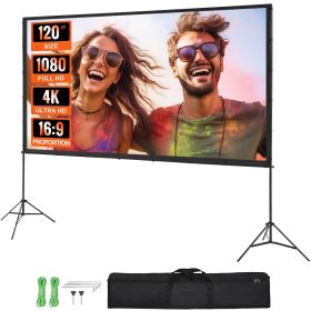 Projector Screen with Stand, 120 inch 16:9 4K 1080 HD Outdoor Movie Screen with Stand, Wrinkle-Free Projection Screen with Tripods and Carry Bag