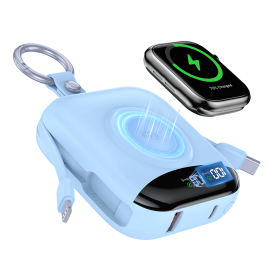 10000mAh Portable Charger, Built-in 2 Cables (Type-C & Lightning),Wireless Magnetic Power Bank for iWatch, Mini Power bank (Color: Blue)